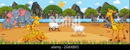 Waldpanorama bei Tagesaufnahme mit verschiedenen Wildtieren Illustration Stock Vektor