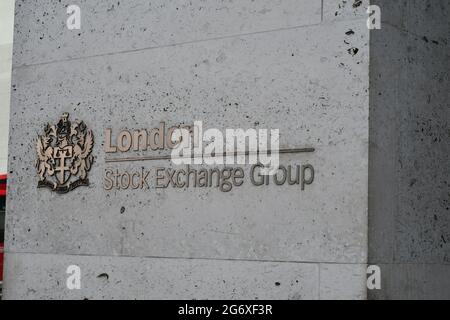 Schild und Logo der Londoner Börsengruppe zur redaktionellen Verwendung Stockfoto