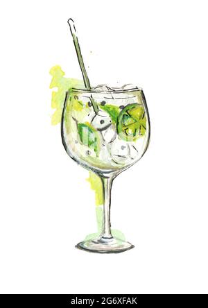 Green Gin und Tonic handbemalte Aquarell-Illustration, mit Minze, Limette und Eis und Stroh auf weißem Hintergrund Stockfoto