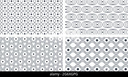 Nahtlose Muster. Set aus vier abgerundeten geometrischen Ornamenten, schwarze Formen auf weißem Hintergrund. Vektorgrafik Stock Vektor