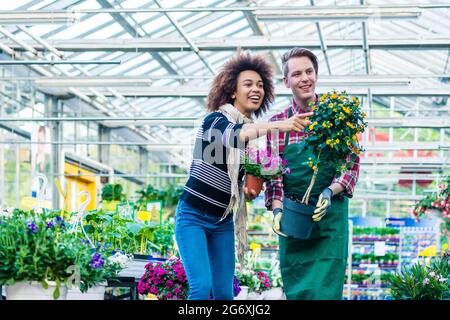 Die ganze Länge einer hübschen und freundlichen Arbeiterin, die einer Kundin beim Kauf einer orangen dekorativen Zimmerpflanze in einem modernen Blumenladen hilft Stockfoto