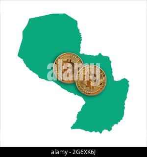 Bitcoin Kryptowährung Münze auf einer Karte von Paraguay Stockfoto