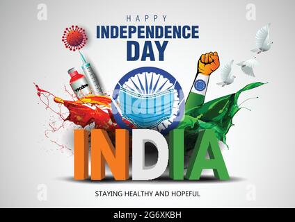 Indische Happy Independence Day Feiern mit stilvollen 3d Indien Text und Ashoka Wheel. Covid-19 Corona Virus Konzept Stock Vektor