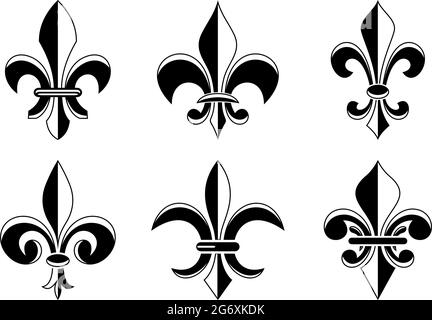 Fleur-de-LIS-Symbol in verschiedenen Variationen auf weißem, isoliertem Hintergrund. Stock Vektor