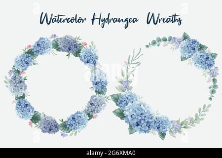 Wunderschöne, wasserfarbige Blumenkränze mit Hortensien und Eukalyptuszweigen Stock Vektor