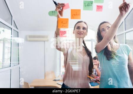 Zwei kompetente weibliche Mitarbeiter, die Haftnotizen im Inneren eines gemeinsamen Bürobereichs posten, um Aufgaben zu priorisieren und Zeit besser zu verwalten Stockfoto