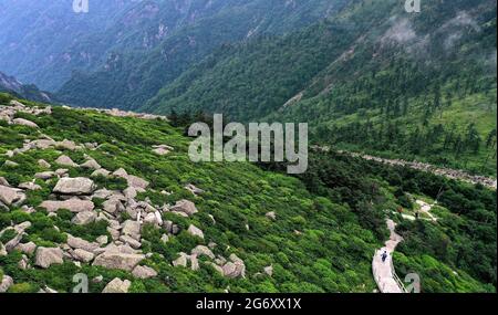 XI'an. Juli 2021. Luftaufnahme vom 8. Juli 2021 zeigt die Landschaft des Zhuque National Forest Park in Xi'an, nordwestlich der chinesischen Provinz Shaanxi. Quelle: Liu Xiao/Xinhua/Alamy Live News Stockfoto