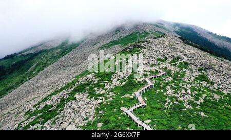 XI'an. Juli 2021. Luftaufnahme vom 8. Juli 2021 zeigt die einzigartige Steinlandschaft im Zhuque National Forest Park in Xi'an, nordwestlich der chinesischen Provinz Shaanxi. Quelle: Liu Xiao/Xinhua/Alamy Live News Stockfoto