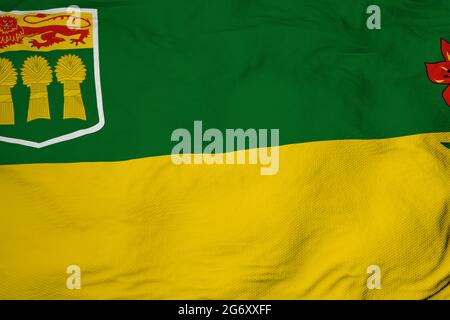 Nahaufnahme einer winkenden Flagge von Saskatchewan (Kanada) in 3D-Rendering. Stockfoto