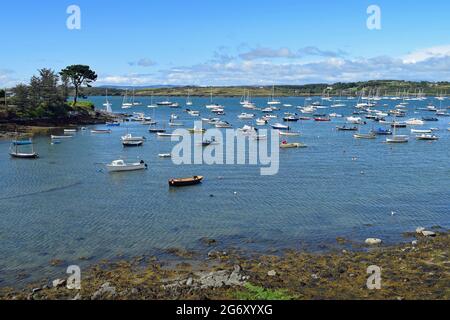 Blick auf den Hafen von Baltimore und die Boote auf der Roaring Water Bay, West Cork, Irland. Stockfoto