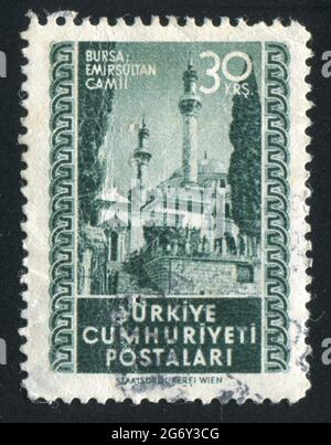 TÜRKEI - UM 1952: Briefmarke gedruckt von der Türkei, zeigt Moschee, Bursa, um 1952 Stockfoto