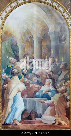 WIEN, AUSTIRA - 24. JUNI 2021: Das Pfingstgemälde in der Kalvarienbergkirche von Hans Alexander Brunner (1962). Stockfoto