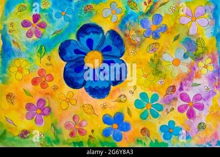 Aquarell Blumen in fröhlichen Farben. Blume Lichtung Pinsel Zeichnung. Kunstkarte floralen Hintergrund. Stockfoto