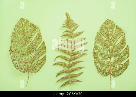 Goldfarbene Monstera-Blätter und Palmenblatt auf grünem Hintergrund. Sommerangebot Stockfoto