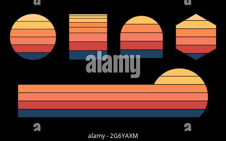 Vintage Sonnenuntergang Set mit verschiedenen Formen. Retro Sunset Kollektion im Stil der 70er Jahre. Fünf Optionen mit Kreis, Rechteck, Sechseck, Halbkreis. Vektor Stock Vektor