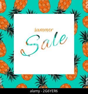 Sommer Sale Banner für Design. Ananas, Ananas, orange-blaue Farben. Vorlage Stockfoto