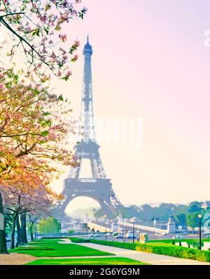 Frankreich, Paris, Eiffelturm, Sonnenaufgang, Frühling, Arty, Stockfoto