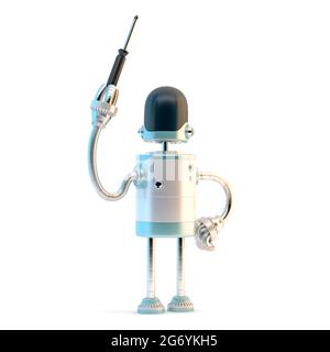 Roboter mit Schraubendreher. 3D-Illustration. Isoliert Stockfoto