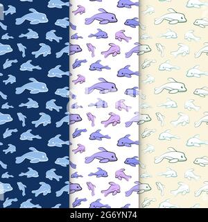 Set aus nahtloser niedlicher Dolphin-Mustersammlung. Niedliche Dolphin Pattern Kollektion mit drei Optionen. Musterhintergrund wiederholen. Stock Vektor