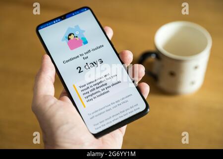 Hand hält ein Handy, das eine Benachrichtigung über eine Selbstisolierungsanforderung von der NHS Track and Trace App nach dem Kontakt mit einer durch Covid infizierten Person anzeigt Stockfoto
