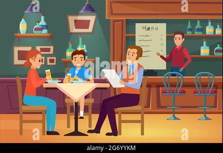 Familienmenschen essen Essen in Café Vektor-Illustration. Zeichentrickfilm junge Mutter Vater und Junge Sohn Figuren essen Abendessen, sitzen am Tisch und Essen im Inneren der Cafeteria oder Restaurant Hintergrund Stock Vektor