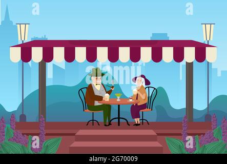 Ältere Paare trinken zusammen Kaffee in der Stadt Straße im Freien Café Vektor-Illustration. Cartoon Senior Mann Frau Charaktere treffen, Kaffee trinken, Dessert essen und reden Hintergrund Stock Vektor