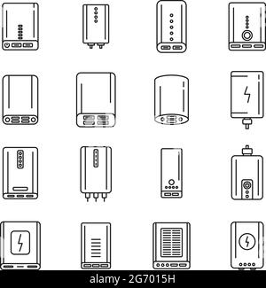 Symbole für das Ladegerät der Powerbank legen einen Umrissvektor fest. Alternative Batterie Stock Vektor