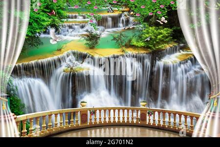 3d Wandbild Tapete schöne Ansicht der Landschaft Hintergrund aus den alten Bögen, Baum, Sonne, Wasser, Vögel Blumen, Wasserfall und transparente Vorhänge wi Stockfoto