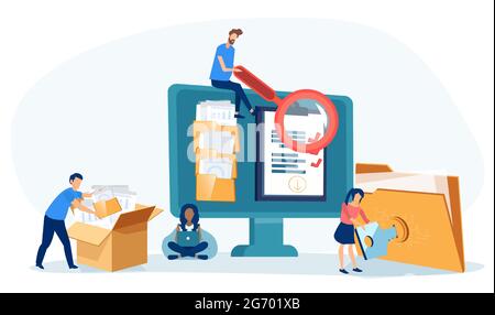 Vektor von Büromitarbeitern, die Datenbanken und Dateiarchive auf dem Computerserver verwalten und nach Dokumenten in der Datenbank suchen. Stock Vektor