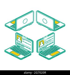 Isometrische Übersicht Sammlung von Laptops, Notebooks von verschiedenen Seiten dargestellt. Vektorgrafik. Isoliertes Konzept. Stock Vektor