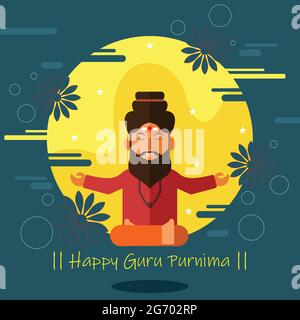 Illustration von Guru Purnima mit Guru. Der Hintergrund ist in grünen und gelben Farben gehalten. Kalligraphische Schriftzüge des glücklichen Gurus Purnima. Stock Vektor