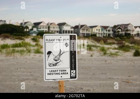 Ein Schild, das die Strandgänger davor warnt, das Nistgebiet der am wenigsten bedrohten Seeschwalbe am Strand der Isle of Palms, South Carolina, zu betreten. Stockfoto