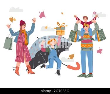 Herbst Saison Familieneinkäufe, Cartoon Vektor Illustration isoliert. Stock Vektor