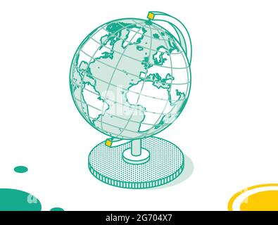 Isometrisches Erdkugelmodell isoliert auf weißem Hintergrund. Vektorgrafik. Gliederung Geographisches Objekt mit Ländern, Ozeanen und Meeren. Stock Vektor