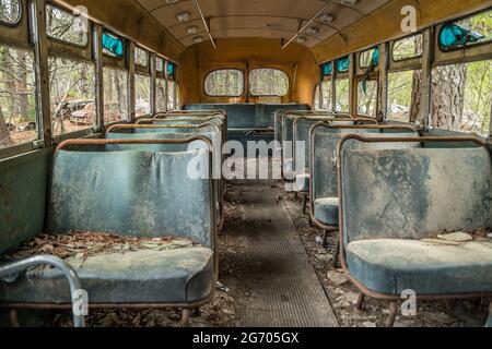 Innenansicht Nahaufnahme eines verlassenen alten alten Schulbusses mit Sitzen und kaputten Fenstern und einem verfaulten Innenraum, der den Elementen im Freien ausgesetzt ist Stockfoto