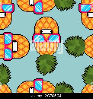 Ananas cool mit Gläsern Pixel Art Muster nahtlos. 8-Bit-Hintergrund Stock Vektor