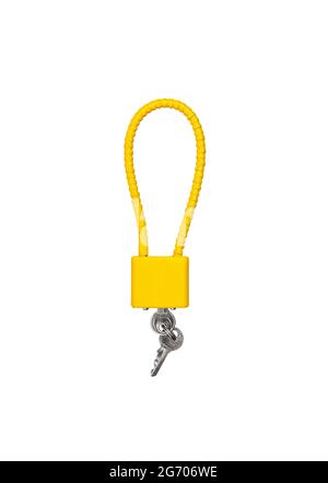Spezielles Schloss für Waffen, das die Möglichkeit eines Schusses blockiert. Gun Lock Isolate auf weißem Hintergrund. Stockfoto