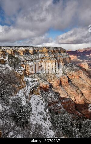 Schnee-bedeckten Klippen und Schluchten, von Rim Trail in der Nähe des Dorfes, Grand Canyon National Park, Arizona USA Stockfoto