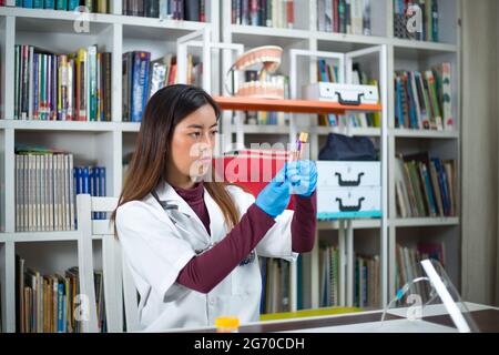 Junge südostasiatische Ärztin, die den Bluttest von Röhren untersucht Stockfoto