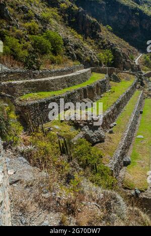 Landwirtschaftliche Terrassen der Inka-Ruinen von Ollantaytambo, Heiliges Tal der Inkas, Peru Stockfoto