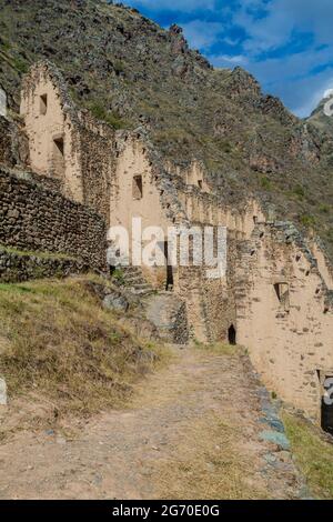 Ruinen von Pinkulluna (Inka-Lagerhäuser) über dem Dorf Ollantaytambo, Heiliges Tal der Inkas, Peru Stockfoto