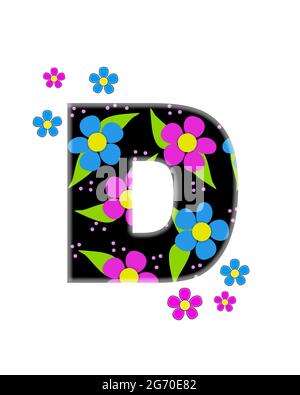 Der Buchstabe D, im Alphabetsatz 'Flower Topia', hellschwarz und gefüllt mit großen rosa und blauen Blüten. Die gleichen Blumen schmücken die Außenkanten von Lette Stockfoto
