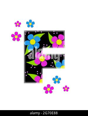 Der Buchstabe F im Alphabetsatz „Flower Topia“ ist hellschwarz und mit großen rosa und blauen Blüten gefüllt. Die gleichen Blumen schmücken die Außenkanten von Lette Stockfoto