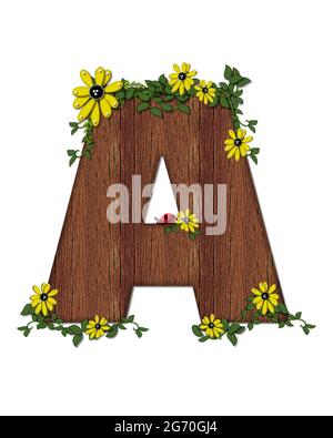 Der Buchstabe A im Alphabet-Set 'Marienkäfer und Sonnenblume' ist mit Holztextur gefüllt. Marienkäfer, Sonnenblumen und Reben schmücken Brief. Stockfoto