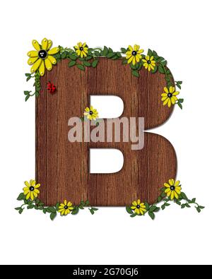 Der Buchstabe B im Alphabet-Set 'Marienkäfer und Sonnenblume' ist mit Holztextur gefüllt. Marienkäfer, Sonnenblumen und Reben schmücken Brief. Stockfoto