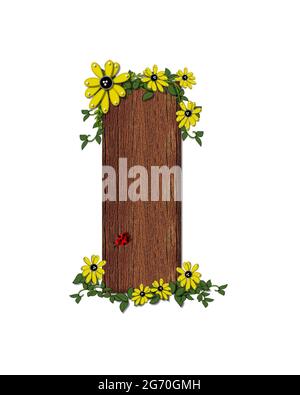 Der Buchstabe I im Alphabet-Set 'Marienkäfer und Sonnenblume' ist mit Holztextur gefüllt. Marienkäfer, Sonnenblumen und Reben schmücken Brief. Stockfoto