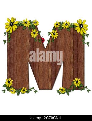 Der Buchstabe M, im Alphabet-Set 'Marienkäfer und Sonnenblume', ist mit Holztextur gefüllt. Marienkäfer, Sonnenblumen und Reben schmücken Brief. Stockfoto