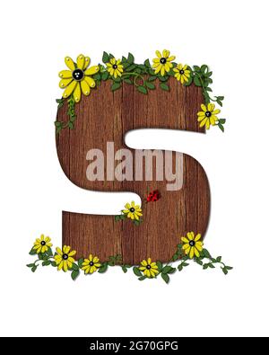 Der Buchstabe S im Alphabet-Set 'Marienkäfer und Sonnenblume' ist mit Holztextur gefüllt. Marienkäfer, Sonnenblumen und Reben schmücken Brief. Stockfoto