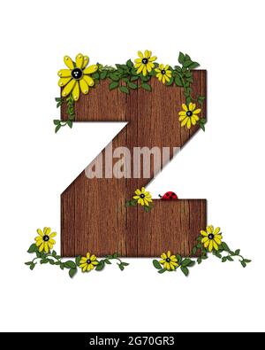 Der Buchstabe Z, im Alphabet-Set 'Marienkäfer und Sonnenblume', ist mit Holztextur gefüllt. Marienkäfer, Sonnenblumen und Reben schmücken Brief. Stockfoto