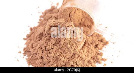 Schokolade Protein Pulver Schütteln isoliert auf einem weißen Hintergrund Stockfoto